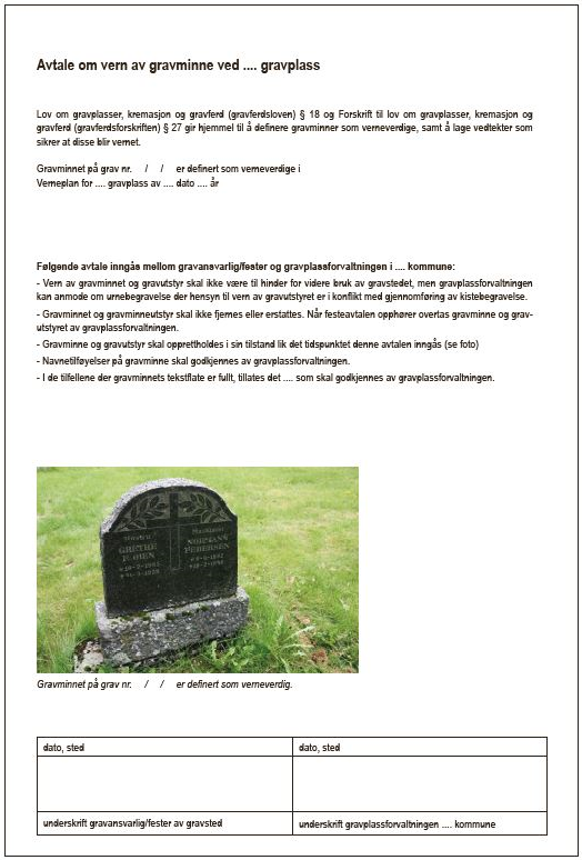 Avtale om vern av gravminne som er hentet fra veileder Verneplan for gravplass fra Gravplassrådgiveren 2018. Foto: Rannveig Søndergaard Holm. Avtale om vern av gravminne som er hentet fra veileder Verneplan for gravplass fra Gravplassrådgiveren 2018.